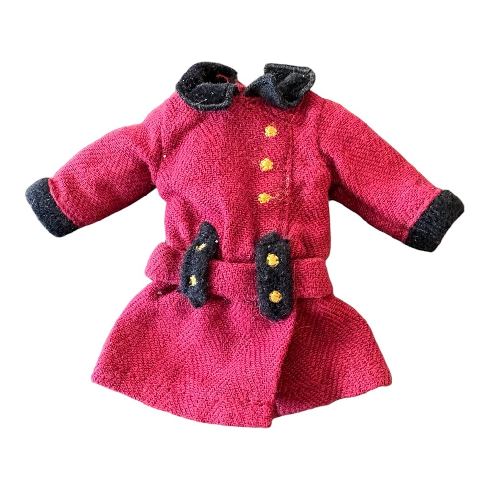 American Girl Doll Red Herringbone Winter Coat Black Velvet Trim Gold Buttons